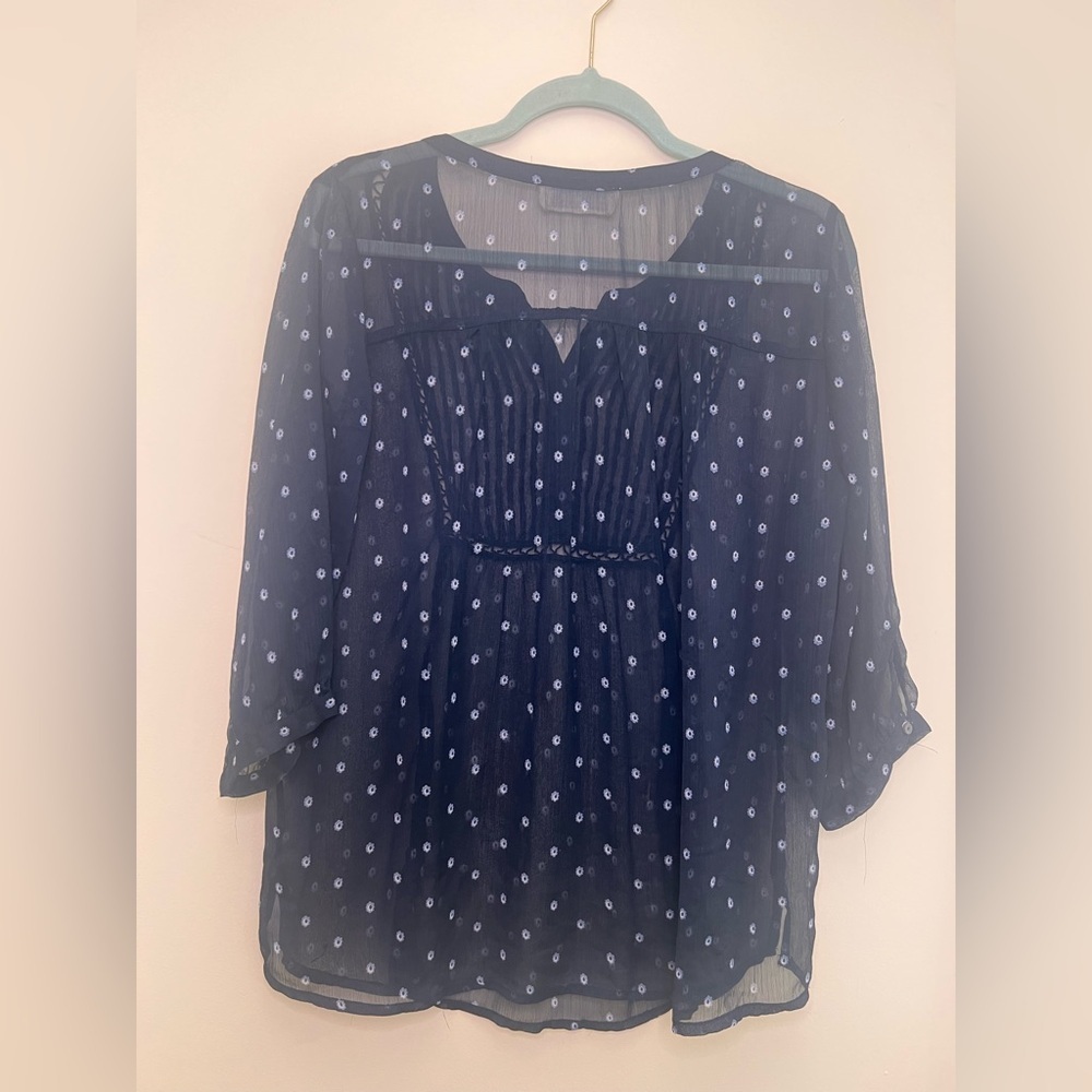 Abercrombie & Fitch Navy Sheer Floral Peasant Blouse Boho Pintuck Top Size L